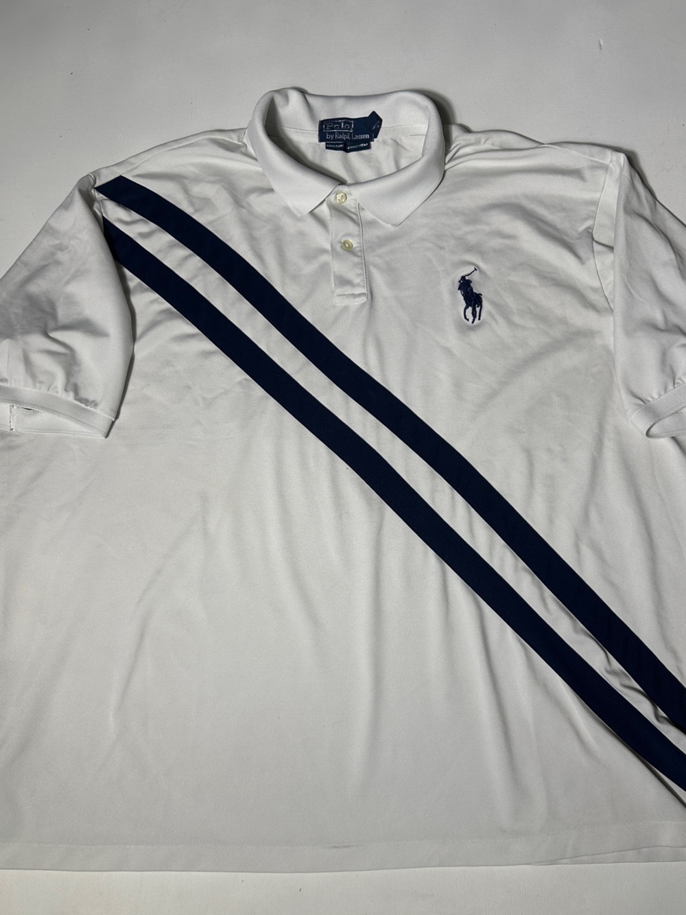 Vintage Ralph Lauren White Polo with Navy Diagonal Stripes with moisture managem